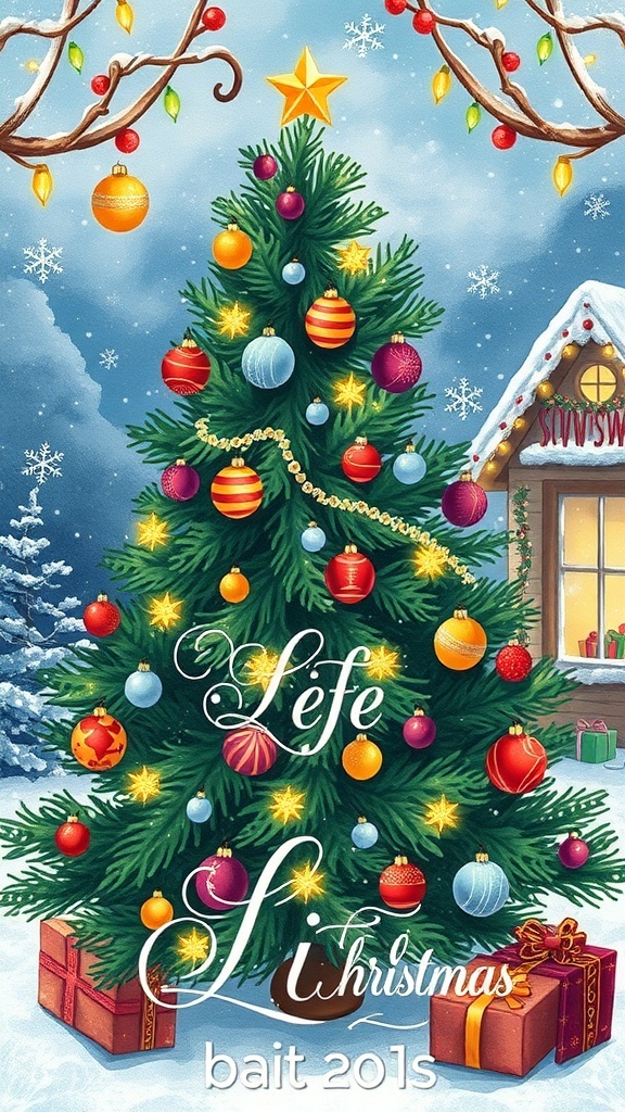 Aesthetic Christmas list drawing with a decorated tree, snowflakes, and festive elements.